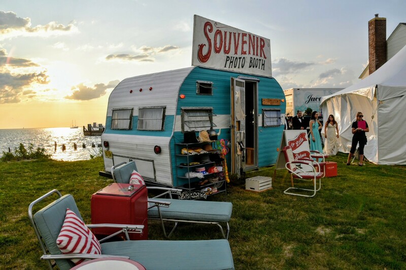 The Little Detour's 1967 Frolic camper pictured at sunset near the chapel on Sandy Hook New Jersey